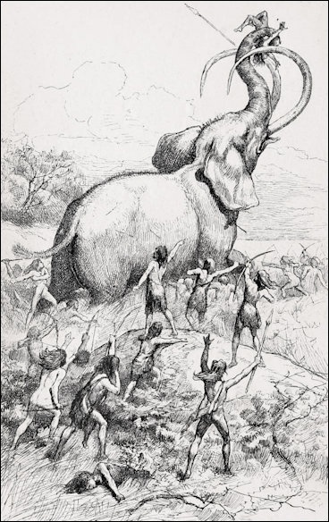 A group of paleolithic hunters attacking a mammoth with spears