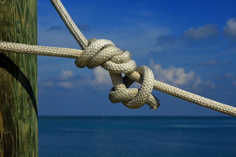 A knot tied to a rope.