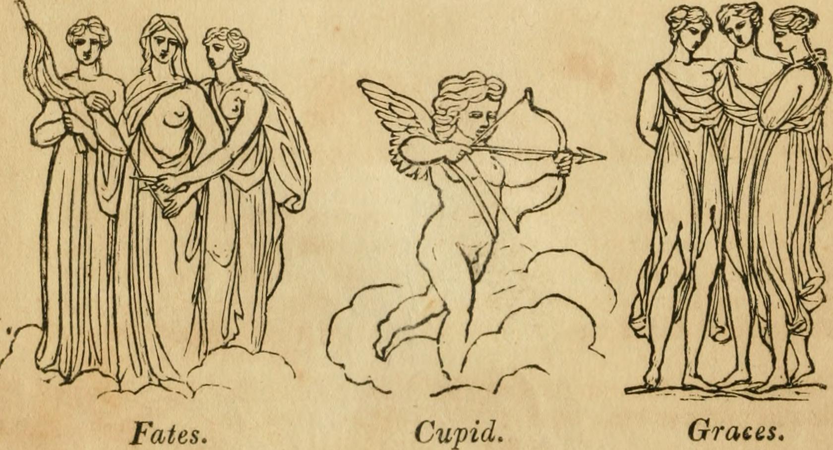 An archaic illustration with Muses, Cupid, & Fates