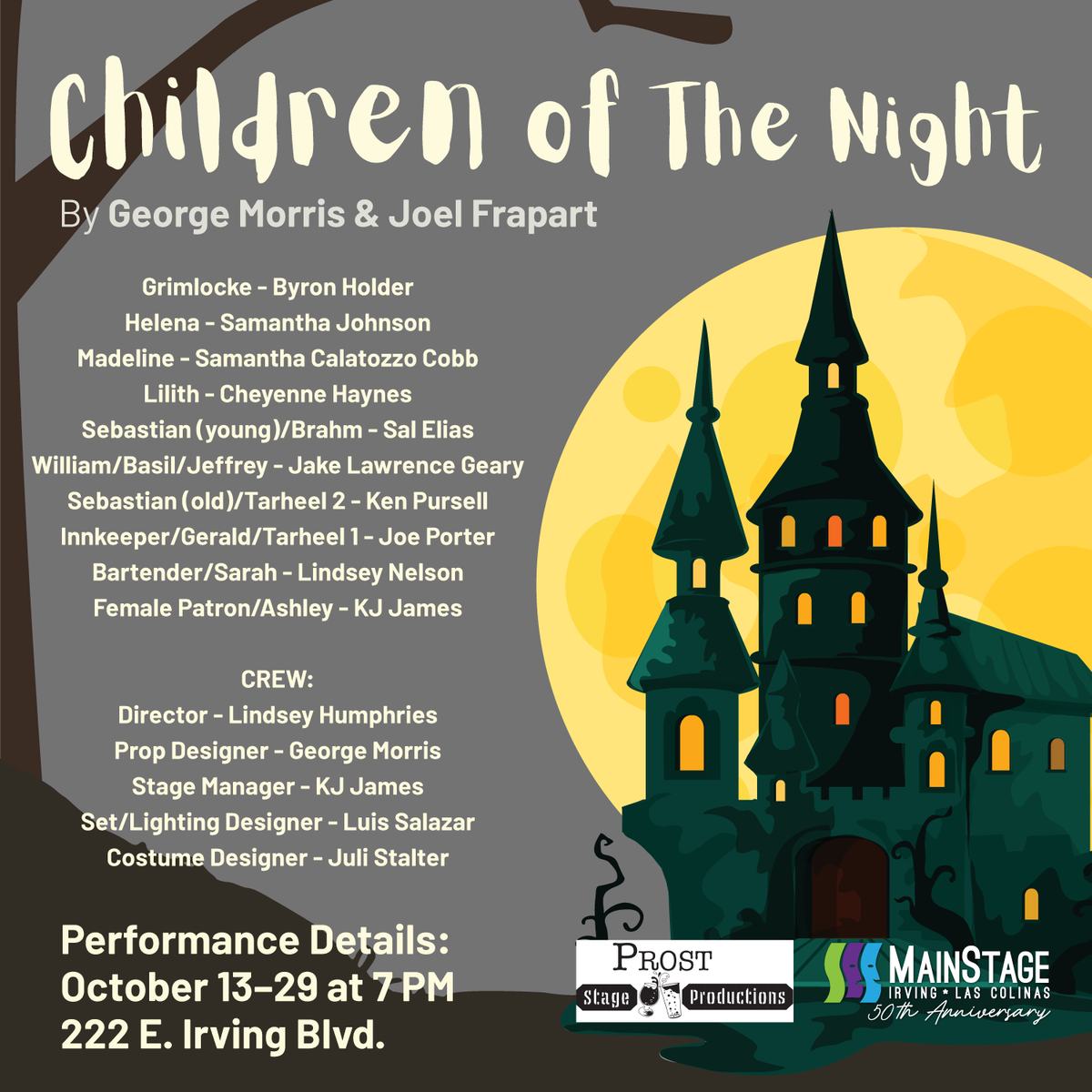 Children of the Night poster, with a list of names against a dark castle, backlit by a giant, sinister and yellowish moon.